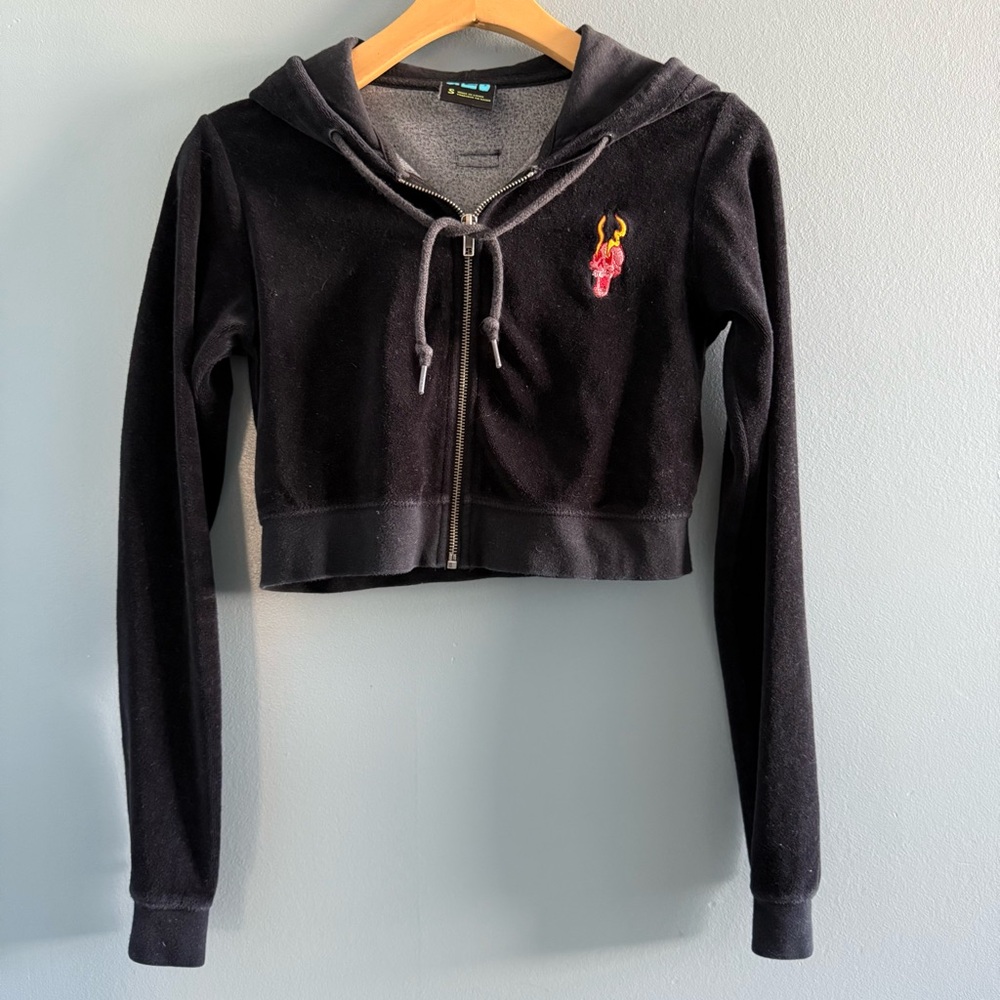 A.LAB Britney Velour Black Crop Zip Hoodie